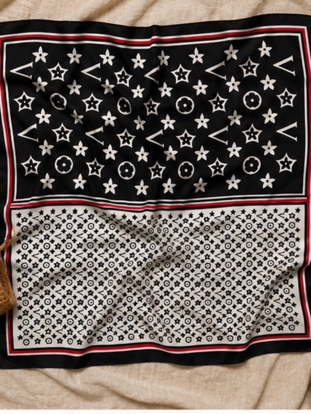Large Designer Inspired Black White Monogram Print Square Scarf Red Trim - Picture 4 of 5